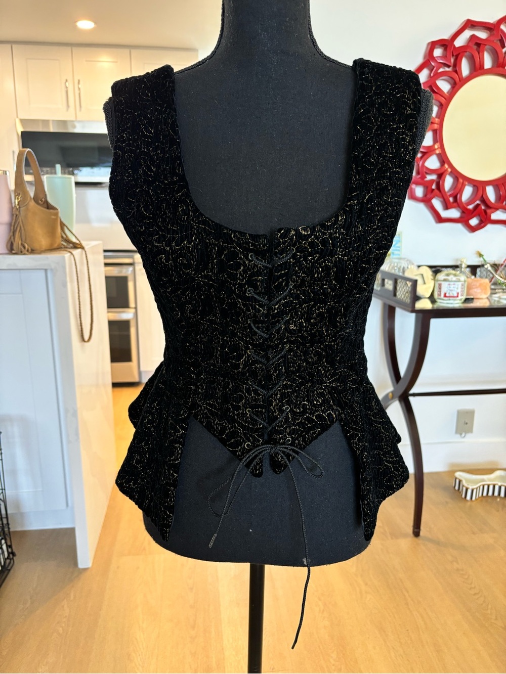 Anna Sui Black Velvet Lace-Up Peplum Corset Top